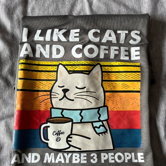 Shortsleeved Polyester T-Shirt. Dark Grey. “I Like Cats & Coffee” size Large - Picture 2 of 2